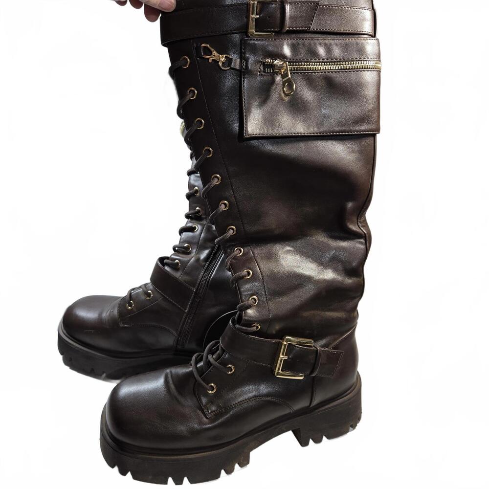 Dream Pairs Black Lace-Up Combat Moto Boots with Side Pocket - Picture 8 of 16